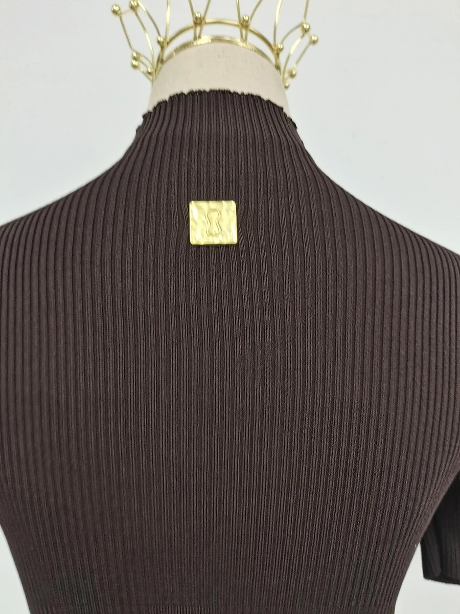 TWOTWINSTYLE Hollow Out Spliced Metal Buckle T Shirts For Women Turtleneck Short Sleeve Minimalist Slimming T Shirt Female 2025