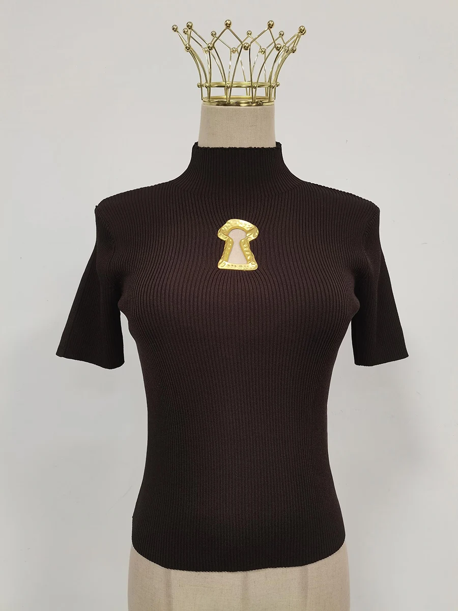 TWOTWINSTYLE Hollow Out Spliced Metal Buckle T Shirts For Women Turtleneck Short Sleeve Minimalist Slimming T Shirt Female 2025