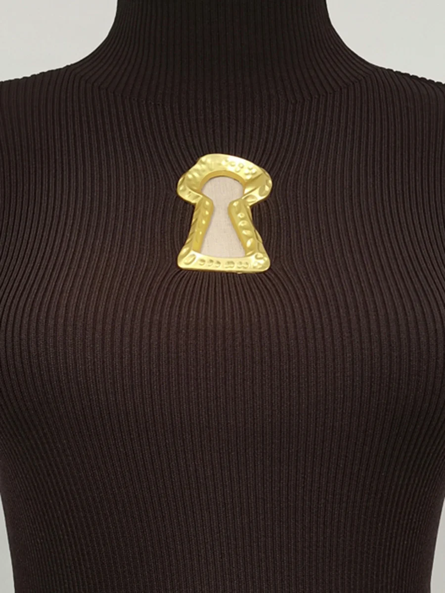 TWOTWINSTYLE Hollow Out Spliced Metal Buckle T Shirts For Women Turtleneck Short Sleeve Minimalist Slimming T Shirt Female 2025