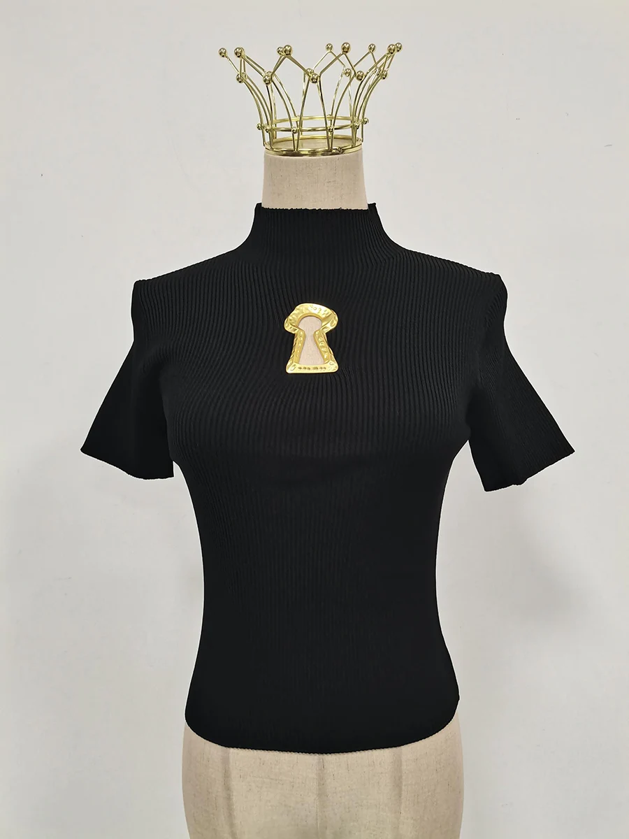 TWOTWINSTYLE Hollow Out Spliced Metal Buckle T Shirts For Women Turtleneck Short Sleeve Minimalist Slimming T Shirt Female 2025