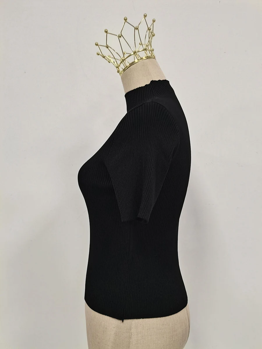 TWOTWINSTYLE Hollow Out Spliced Metal Buckle T Shirts For Women Turtleneck Short Sleeve Minimalist Slimming T Shirt Female 2025