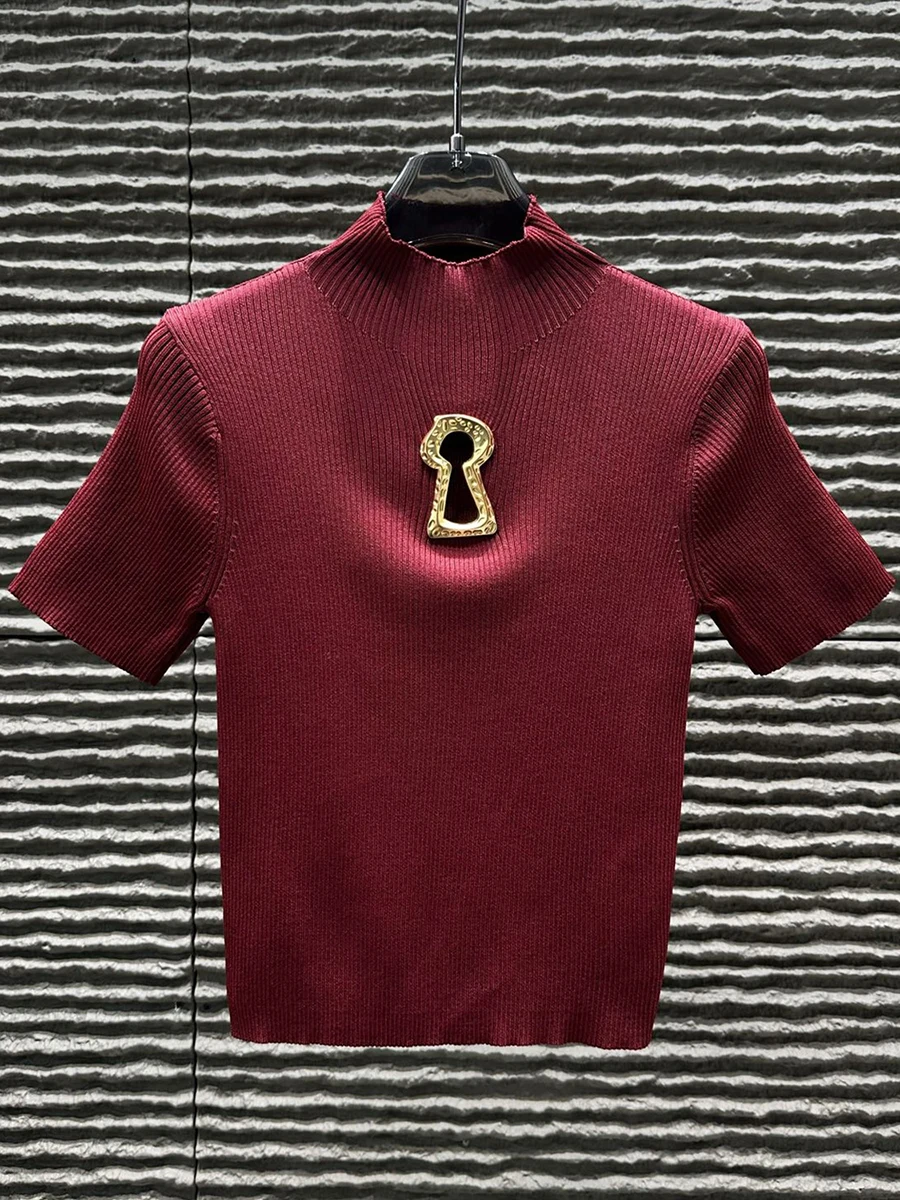 TWOTWINSTYLE Hollow Out Spliced Metal Buckle T Shirts For Women Turtleneck Short Sleeve Minimalist Slimming T Shirt Female 2025