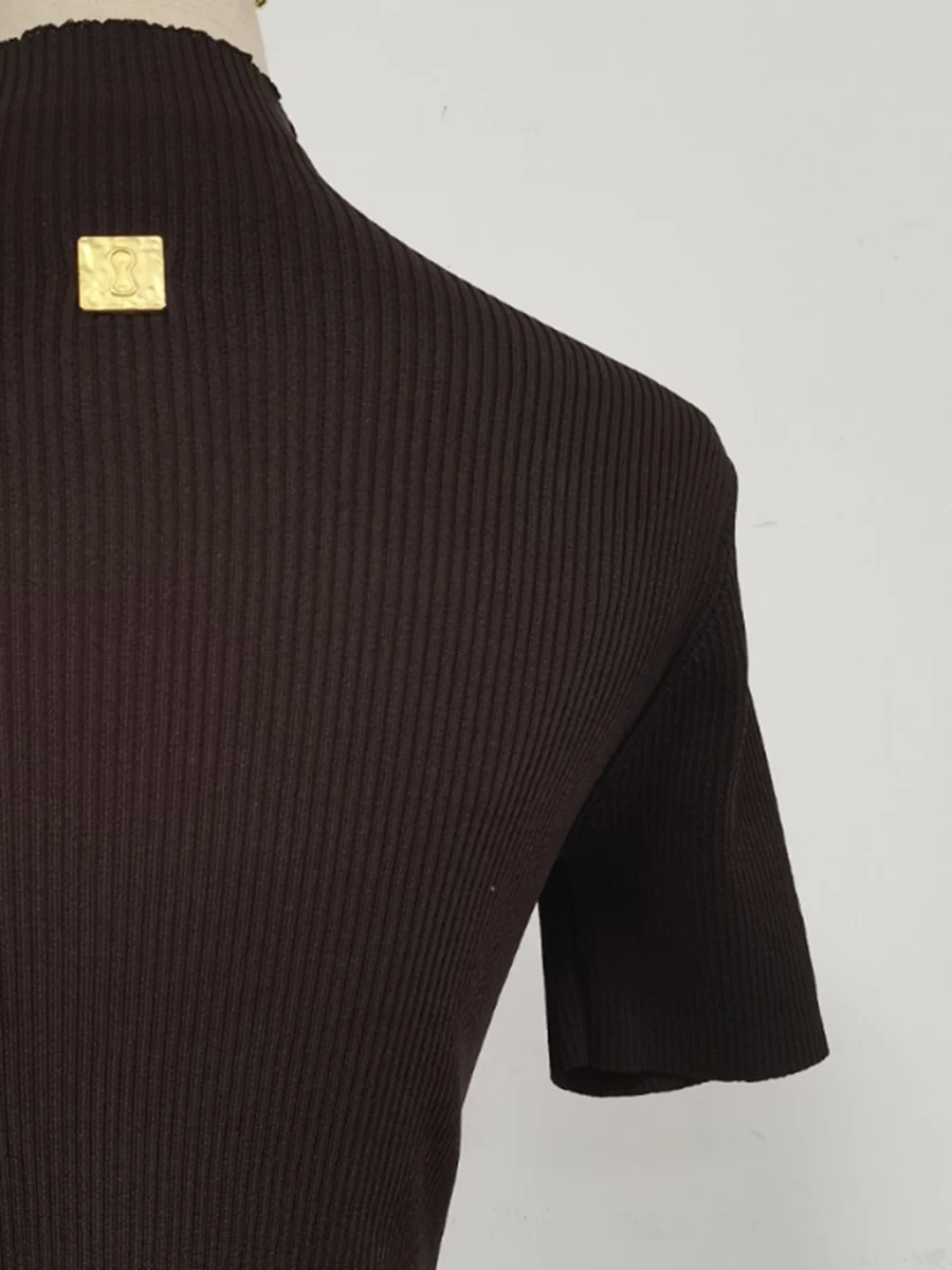 TWOTWINSTYLE Hollow Out Spliced Metal Buckle T Shirts For Women Turtleneck Short Sleeve Minimalist Slimming T Shirt Female 2025