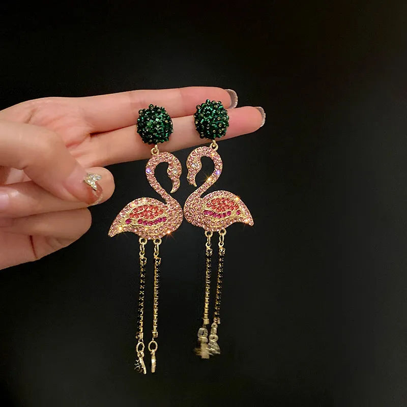 Pink Birds Crystal Earrings for Women Bijoux Long Tassel Rhinestone Dangle Earrings Statement Jewelry