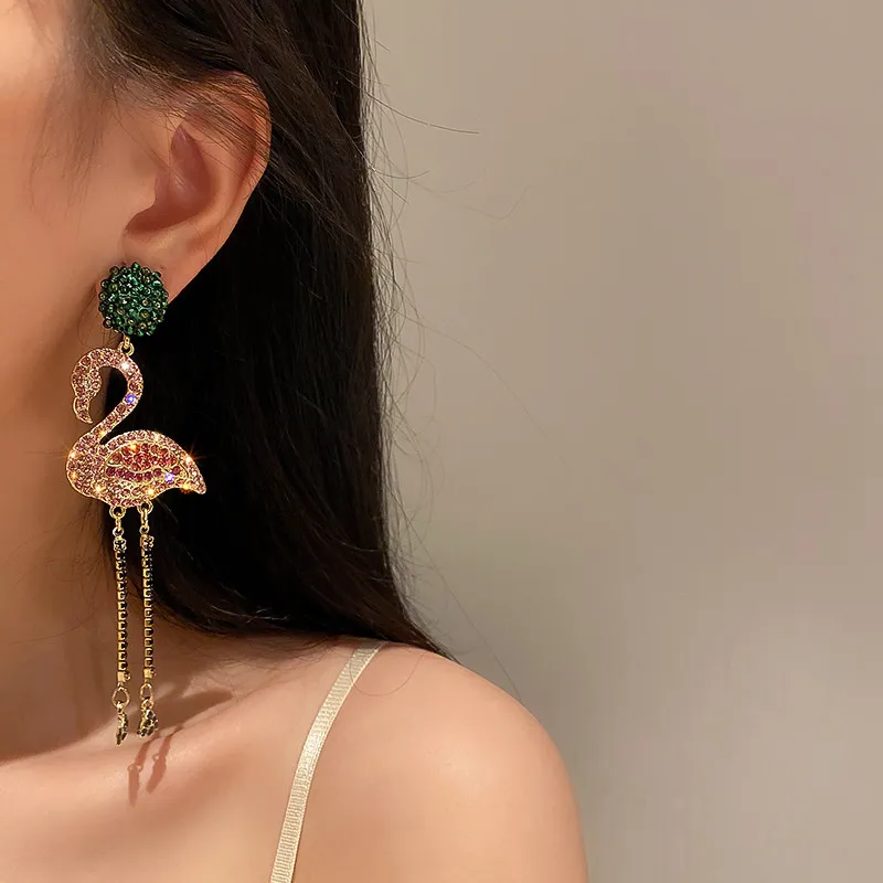 Pink Birds Crystal Earrings for Women Bijoux Long Tassel Rhinestone Dangle Earrings Statement Jewelry