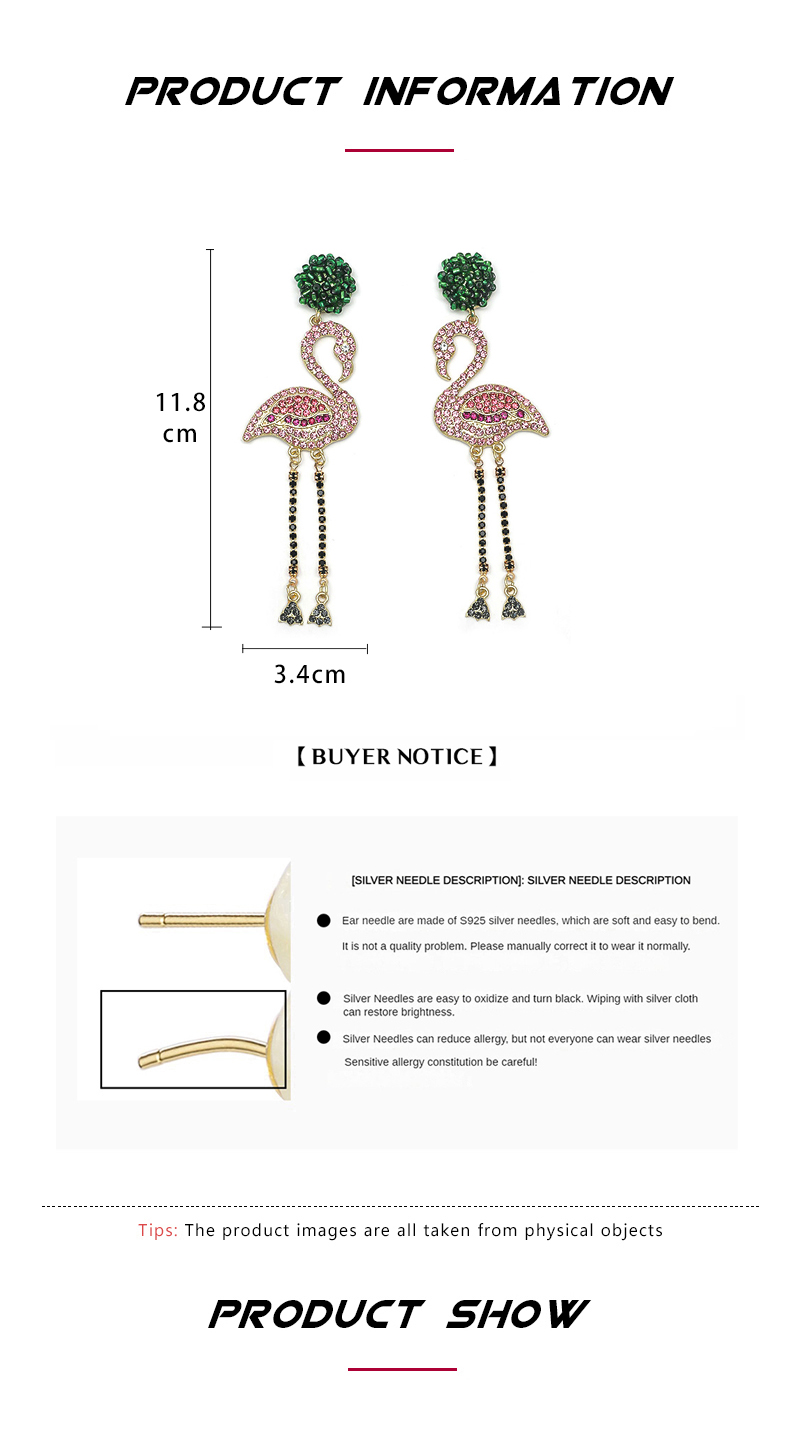Pink Birds Crystal Earrings for Women Bijoux Long Tassel Rhinestone Dangle Earrings Statement Jewelry