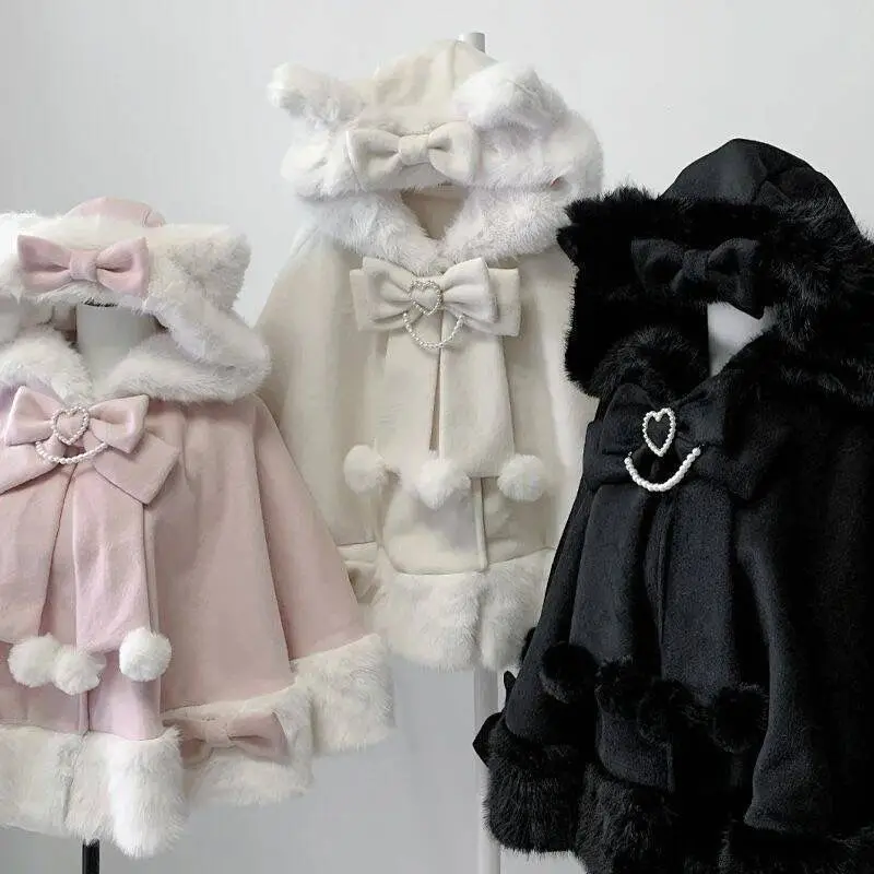 Winter New Japanese Lolita Cloak Overcoat Women Design Bow Hooded Patchwork Kawaii Cope Coat Harajuku Warm Sweet Fur Collar Coat
