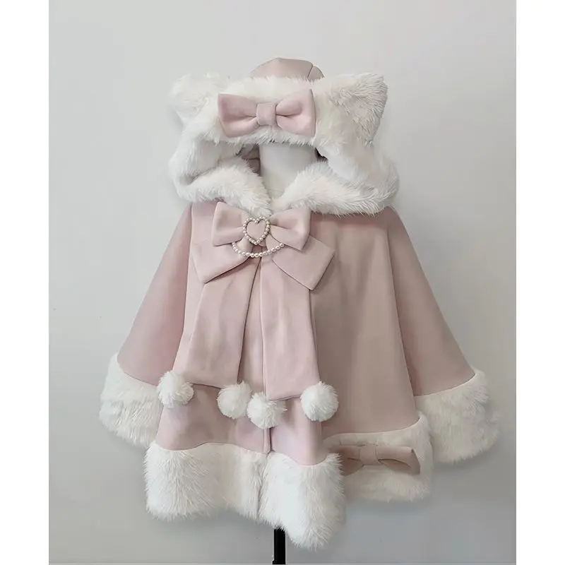 Winter New Japanese Lolita Cloak Overcoat Women Design Bow Hooded Patchwork Kawaii Cope Coat Harajuku Warm Sweet Fur Collar Coat