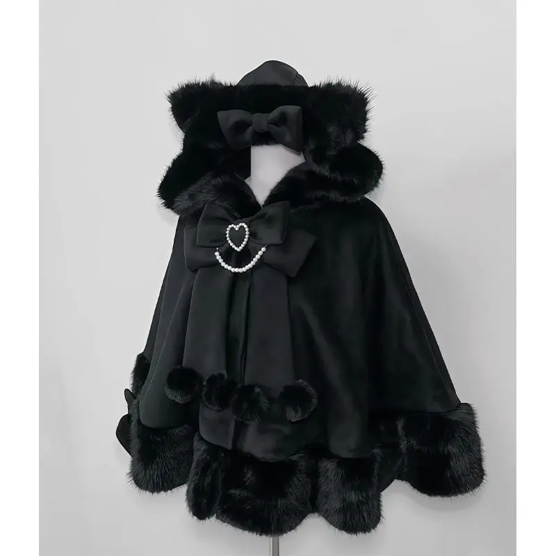Winter New Japanese Lolita Cloak Overcoat Women Design Bow Hooded Patchwork Kawaii Cope Coat Harajuku Warm Sweet Fur Collar Coat