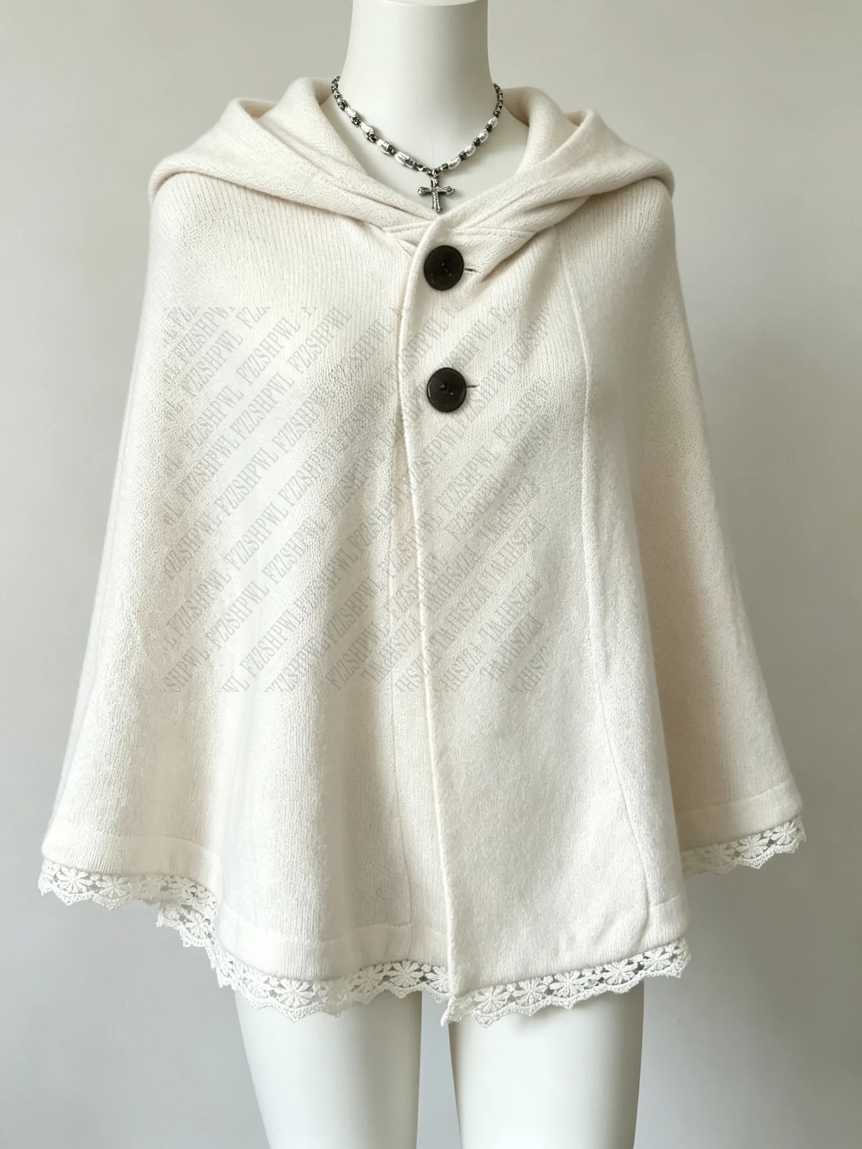Y2K Women Daily Hooded Knit Cape with Buttons & Lace Hem Sweater Cape Japan Soft Korean Coat Aesthetic Playful Elegant Clothing