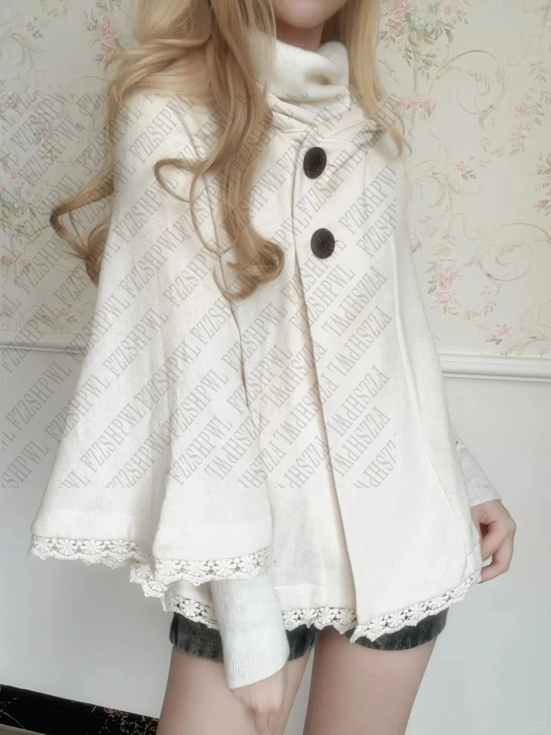 Y2K Women Daily Hooded Knit Cape with Buttons & Lace Hem Sweater Cape Japan Soft Korean Coat Aesthetic Playful Elegant Clothing