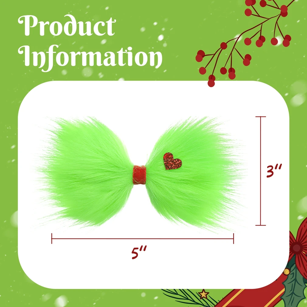 A Pair European Christmas 5" Green Fur Monster Hair Bow Barrette Girl's DIY Hear Hair Accessories Grinch Headwear For Woemn