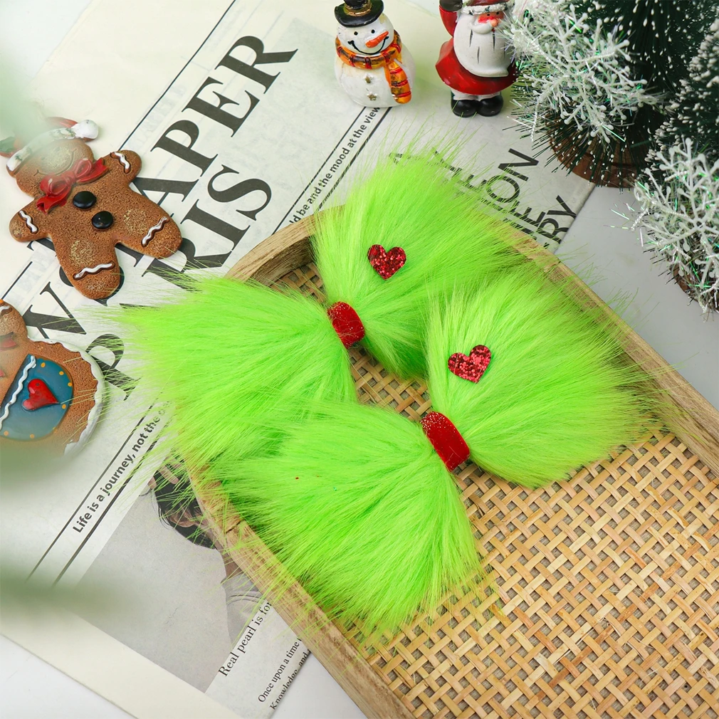 A Pair European Christmas 5" Green Fur Monster Hair Bow Barrette Girl's DIY Hear Hair Accessories Grinch Headwear For Woemn
