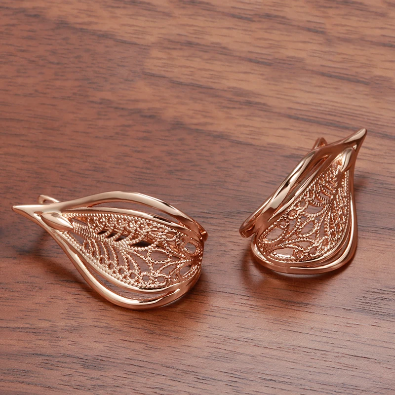 Kinel New Trend 585 Rose Gold Bridal Earrings For Women Unusual Hollow Flower Long Drop Earrings Wedding Daily Fashion Jewelry