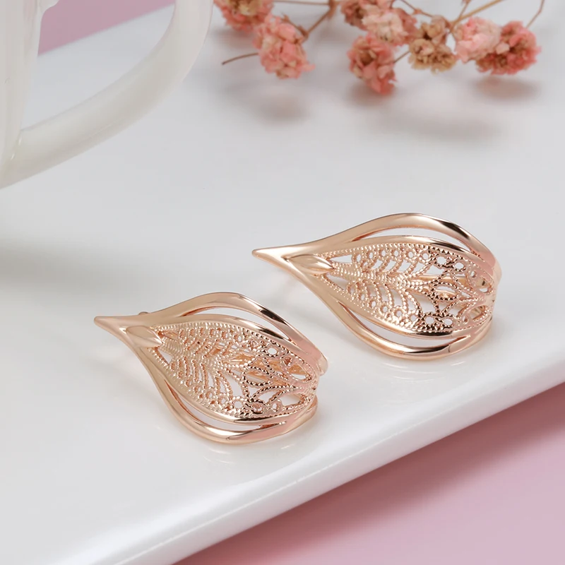 Kinel New Trend 585 Rose Gold Bridal Earrings For Women Unusual Hollow Flower Long Drop Earrings Wedding Daily Fashion Jewelry