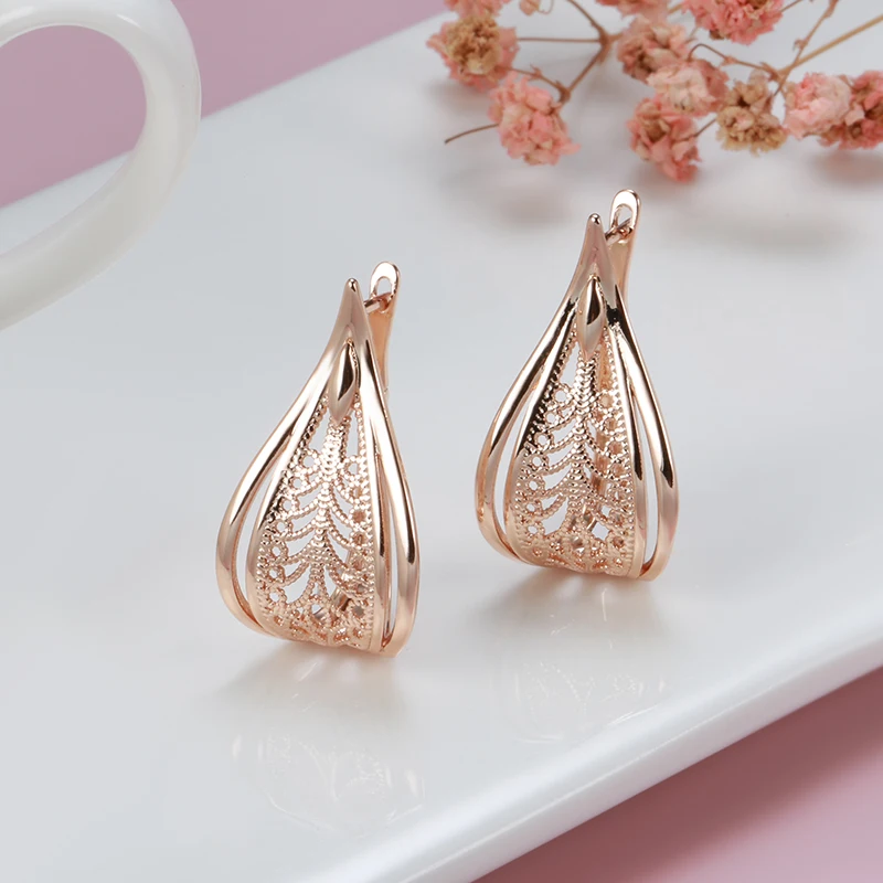 Kinel New Trend 585 Rose Gold Bridal Earrings For Women Unusual Hollow Flower Long Drop Earrings Wedding Daily Fashion Jewelry