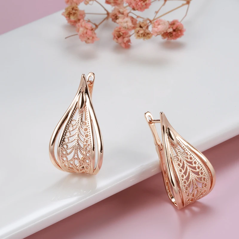 Kinel New Trend 585 Rose Gold Bridal Earrings For Women Unusual Hollow Flower Long Drop Earrings Wedding Daily Fashion Jewelry
