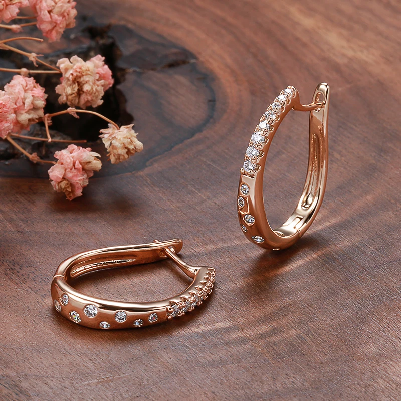 Kinel New 585 Rose Gold Color Hoop Earrings For Women Girl Fashion Natural Zircon Accessories High Quality Daily Jewelry