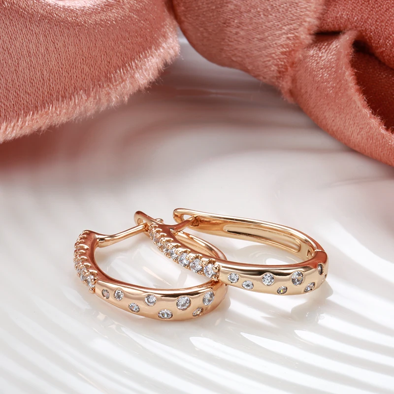 Kinel New 585 Rose Gold Color Hoop Earrings For Women Girl Fashion Natural Zircon Accessories High Quality Daily Jewelry