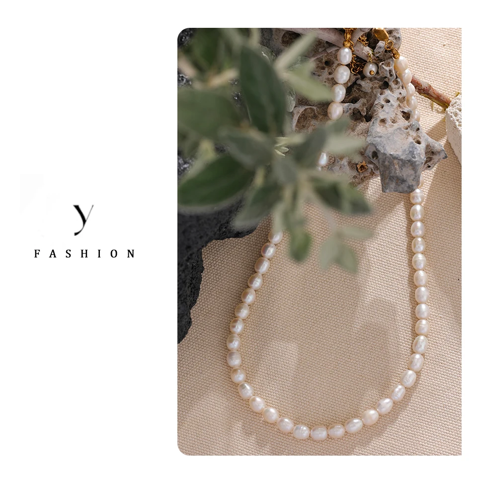 Yhpup Luxury Freshwater Natural Pearls Beads Clavicle Necklace Women Gift Fashion Stainless Steel Waterproof Handmade Jewelry