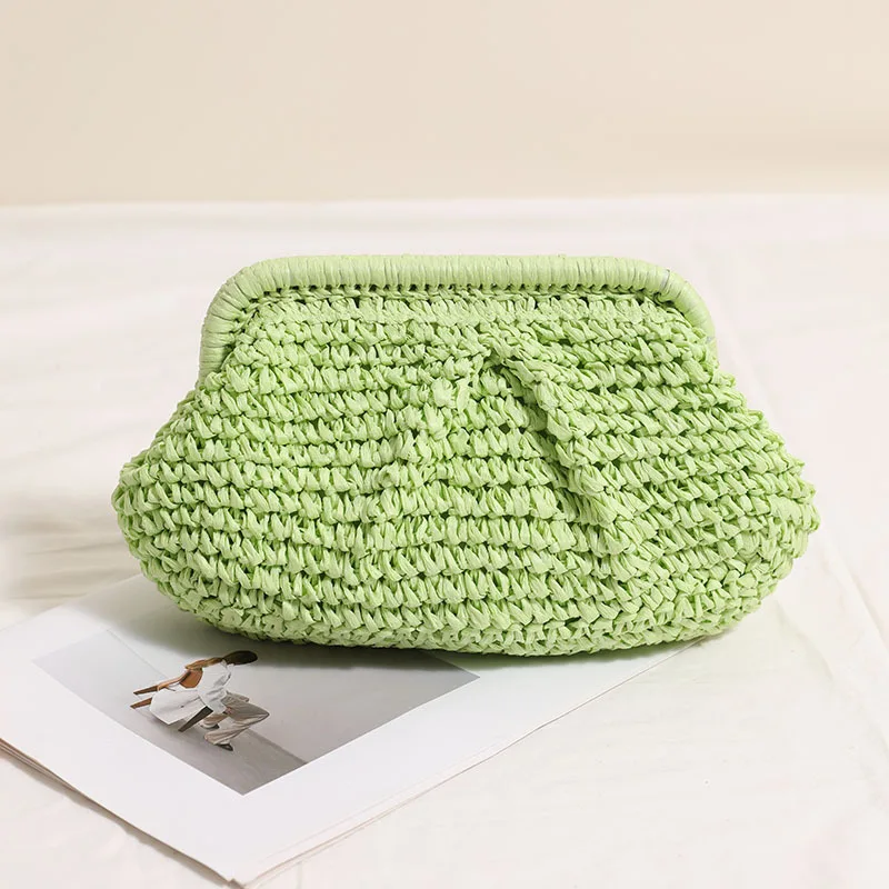 2025 New Women Straw Woven Bag Chain Strap Straw Clutch Purse Large Capacity Stylish Crossbody Bag Solid Color for Summer Beach