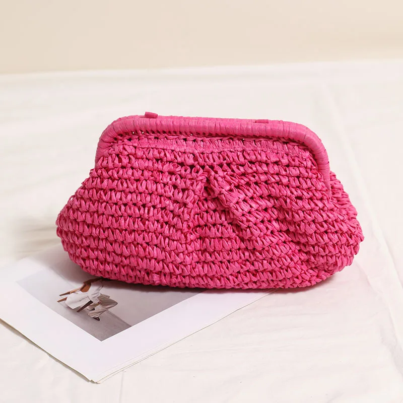 2025 New Women Straw Woven Bag Chain Strap Straw Clutch Purse Large Capacity Stylish Crossbody Bag Solid Color for Summer Beach