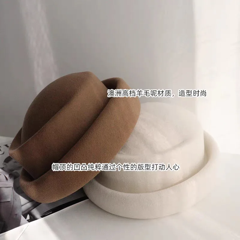 TOMKHU New Wool Retro Fashion Women's Fedora Hat French Elegant Beret Designer Autumn And Winter Top Hat Runway Style