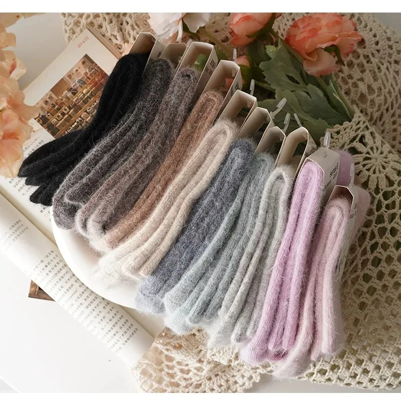 Wool Socks for Women Autumn Winter Medium Tube Socks Thickened with Wool Warm Rabbit Hair Socks Winter Black Cashmere Stockings