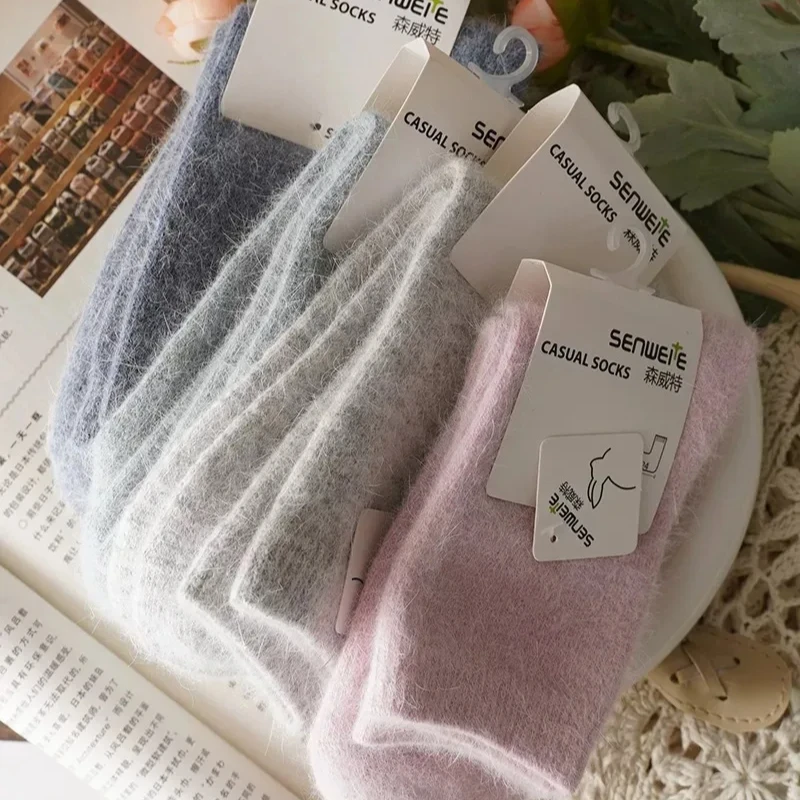 Wool Socks for Women Autumn Winter Medium Tube Socks Thickened with Wool Warm Rabbit Hair Socks Winter Black Cashmere Stockings