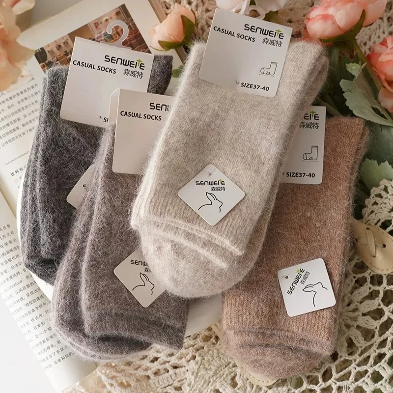 Wool Socks for Women Autumn Winter Medium Tube Socks Thickened with Wool Warm Rabbit Hair Socks Winter Black Cashmere Stockings