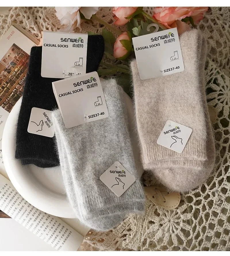Wool Socks for Women Autumn Winter Medium Tube Socks Thickened with Wool Warm Rabbit Hair Socks Winter Black Cashmere Stockings