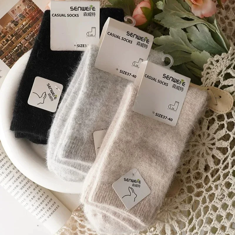 Wool Socks for Women Autumn Winter Medium Tube Socks Thickened with Wool Warm Rabbit Hair Socks Winter Black Cashmere Stockings