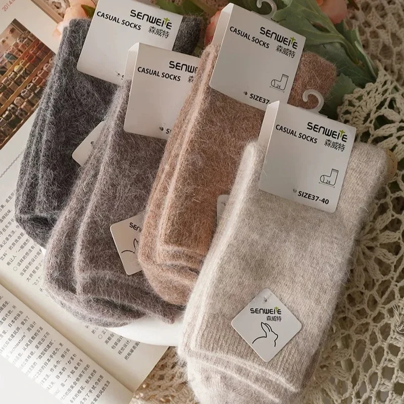 Wool Socks for Women Autumn Winter Medium Tube Socks Thickened with Wool Warm Rabbit Hair Socks Winter Black Cashmere Stockings