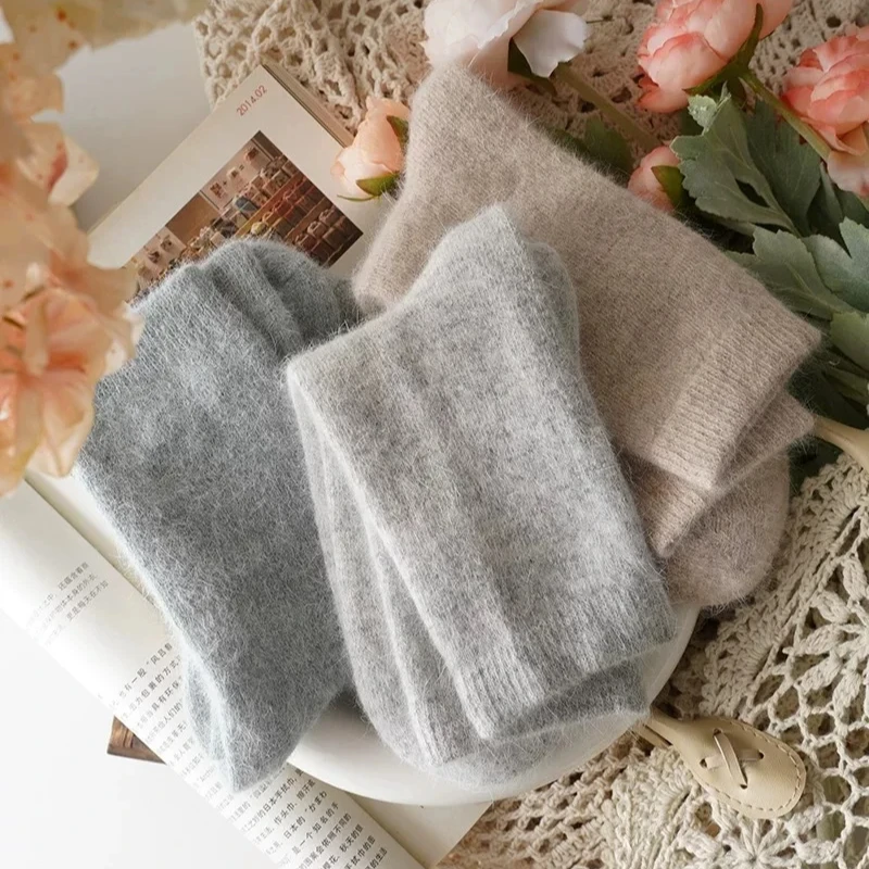 Wool Socks for Women Autumn Winter Medium Tube Socks Thickened with Wool Warm Rabbit Hair Socks Winter Black Cashmere Stockings