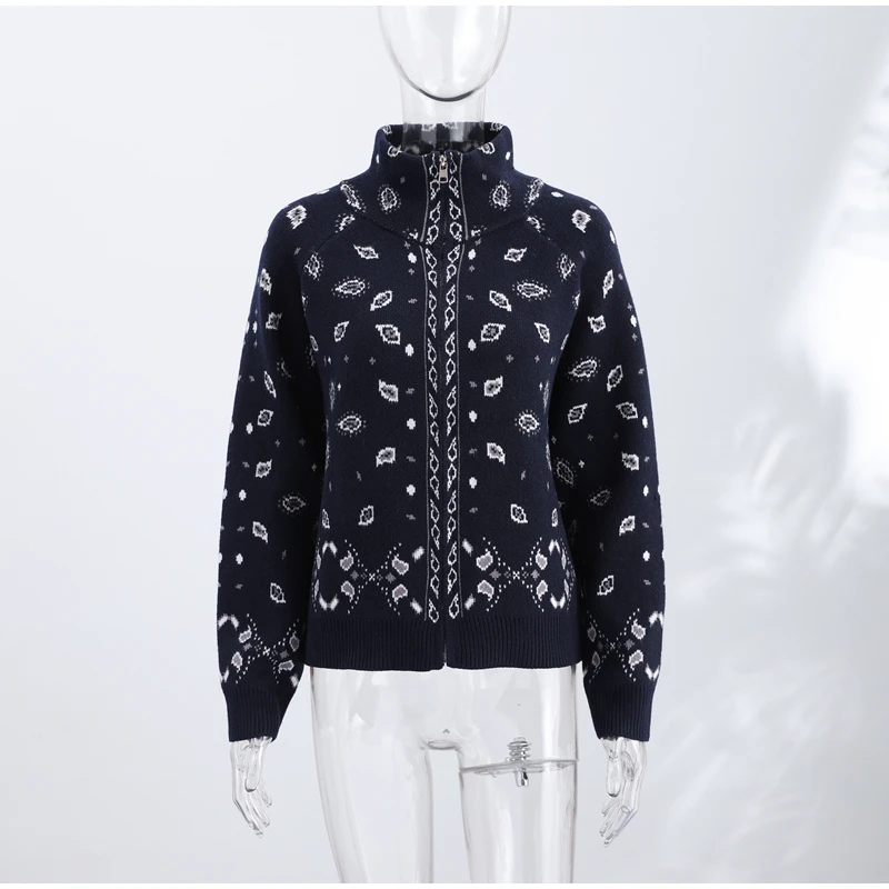 Vintage Paisley Jacquard Women's Cardigan Autumn Stand Neck Zip-up Knit Sweater Lady New Casual Elegant Winter Clothes 2026
