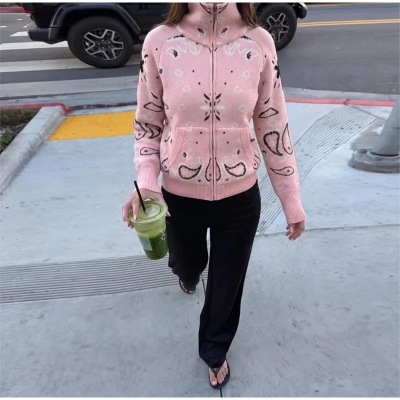 Vintage Paisley Jacquard Women's Cardigan Autumn Stand Neck Zip-up Knit Sweater Lady New Casual Elegant Winter Clothes 2026