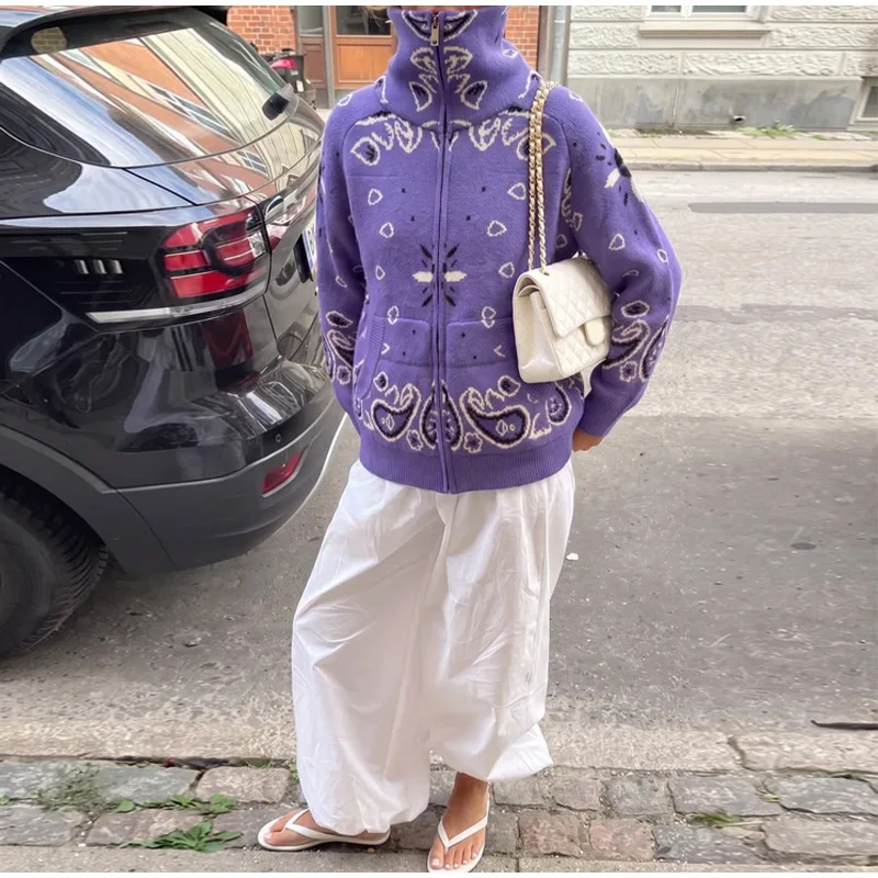 Vintage Paisley Jacquard Women's Cardigan Autumn Stand Neck Zip-up Knit Sweater Lady New Casual Elegant Winter Clothes 2026