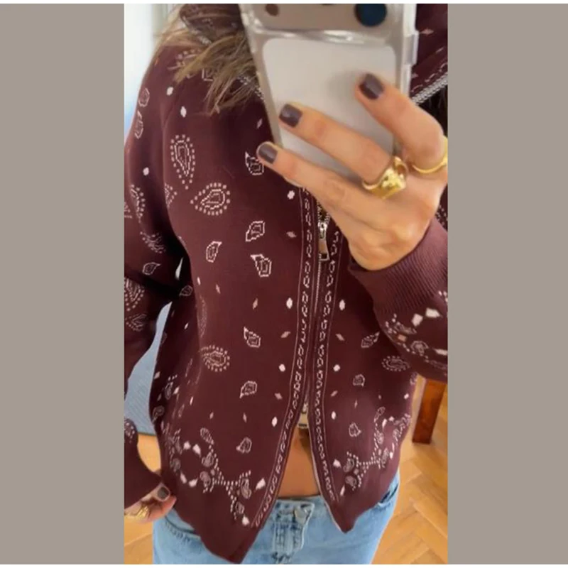Vintage Paisley Jacquard Women's Cardigan Autumn Stand Neck Zip-up Knit Sweater Lady New Casual Elegant Winter Clothes 2026