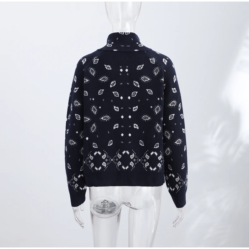 Vintage Paisley Jacquard Women's Cardigan Autumn Stand Neck Zip-up Knit Sweater Lady New Casual Elegant Winter Clothes 2026