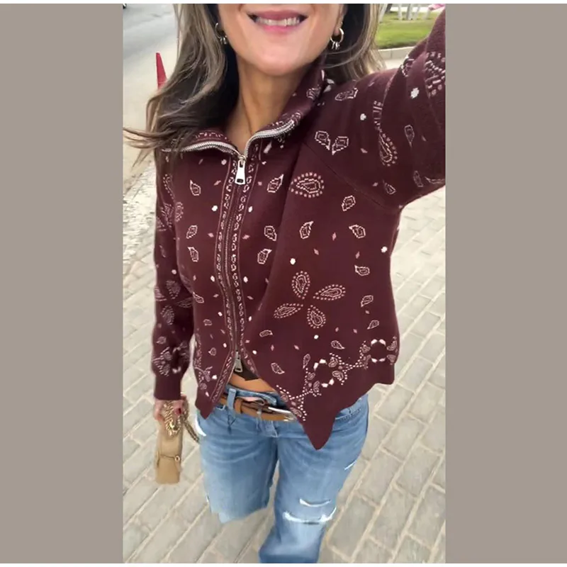 Vintage Paisley Jacquard Women's Cardigan Autumn Stand Neck Zip-up Knit Sweater Lady New Casual Elegant Winter Clothes 2026
