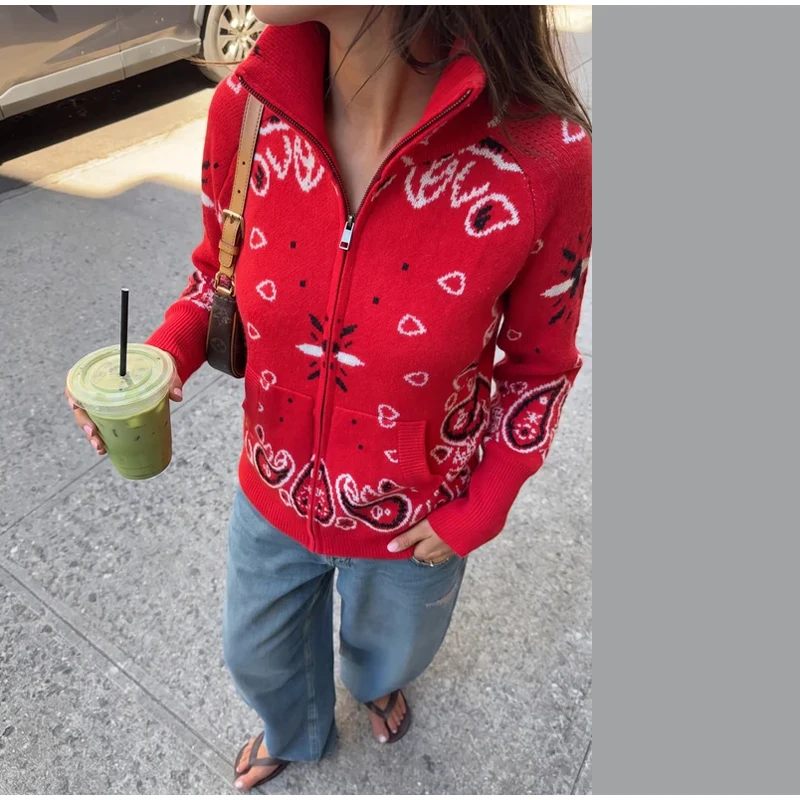 Vintage Paisley Jacquard Women's Cardigan Autumn Stand Neck Zip-up Knit Sweater Lady New Casual Elegant Winter Clothes 2026