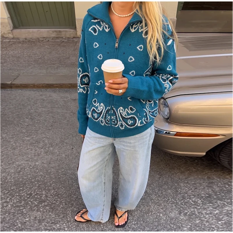 Vintage Paisley Jacquard Women's Cardigan Autumn Stand Neck Zip-up Knit Sweater Lady New Casual Elegant Winter Clothes 2026