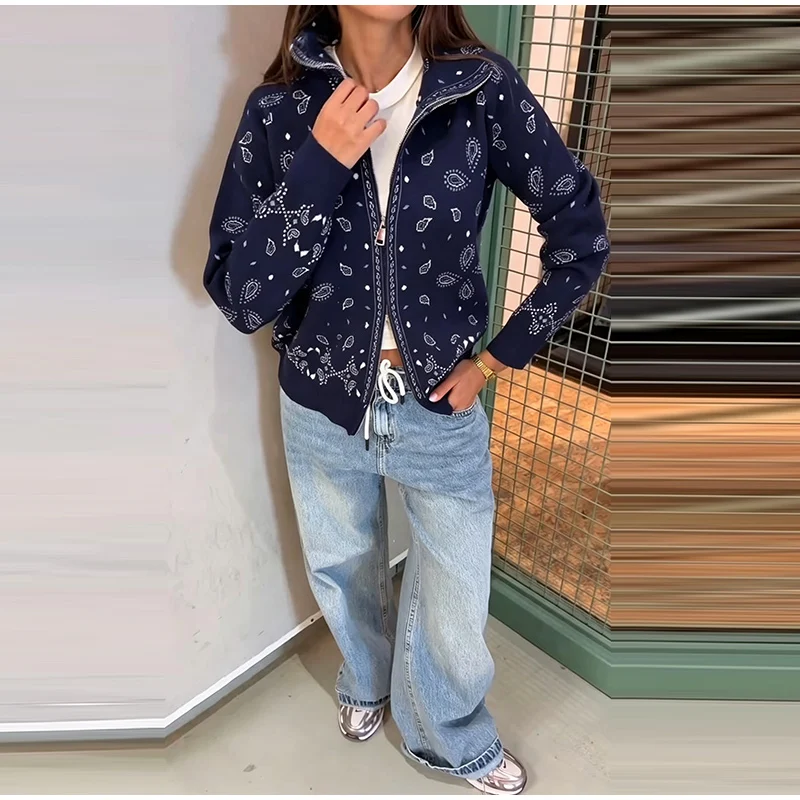 Vintage Paisley Jacquard Women's Cardigan Autumn Stand Neck Zip-up Knit Sweater Lady New Casual Elegant Winter Clothes 2026