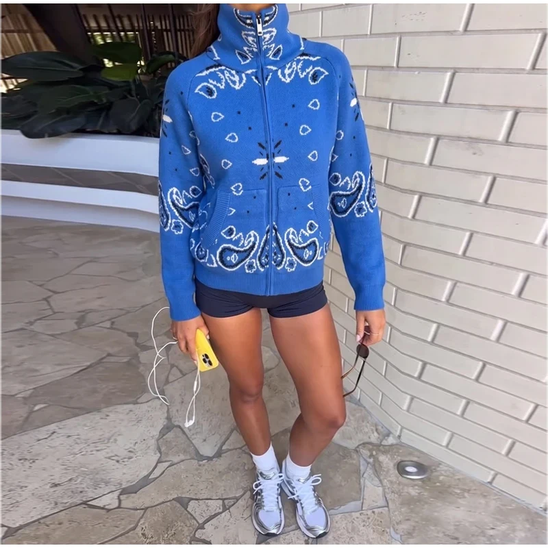 Vintage Paisley Jacquard Women's Cardigan Autumn Stand Neck Zip-up Knit Sweater Lady New Casual Elegant Winter Clothes 2026