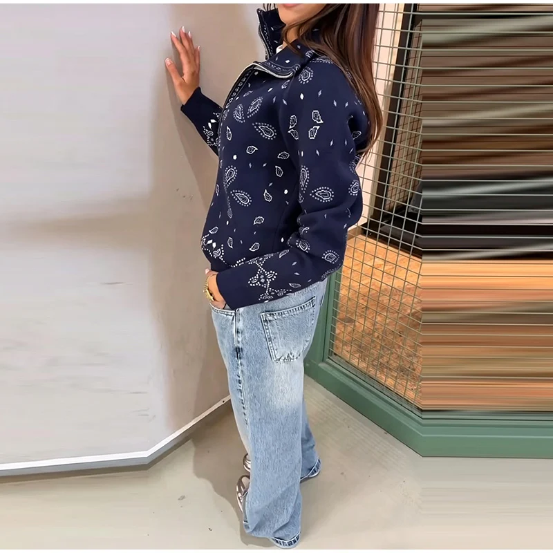 Vintage Paisley Jacquard Women's Cardigan Autumn Stand Neck Zip-up Knit Sweater Lady New Casual Elegant Winter Clothes 2026