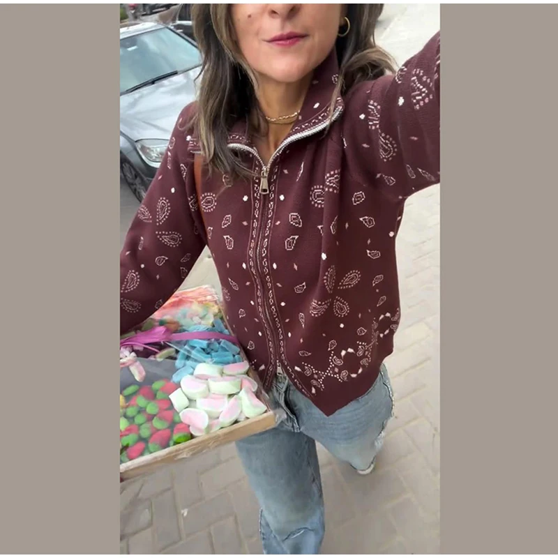 Vintage Paisley Jacquard Women's Cardigan Autumn Stand Neck Zip-up Knit Sweater Lady New Casual Elegant Winter Clothes 2026