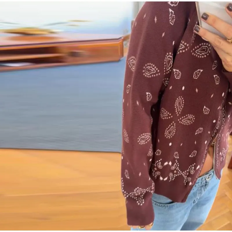 Vintage Paisley Jacquard Women's Cardigan Autumn Stand Neck Zip-up Knit Sweater Lady New Casual Elegant Winter Clothes 2026