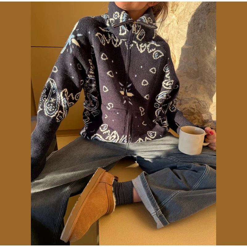 Vintage Paisley Jacquard Women's Cardigan Autumn Stand Neck Zip-up Knit Sweater Lady New Casual Elegant Winter Clothes 2026