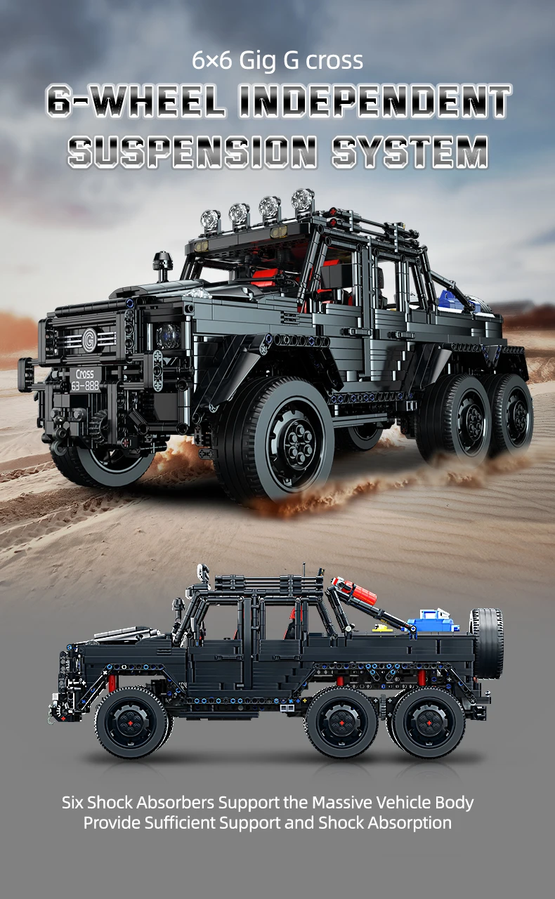 KAVOWORLD 6x6 Black Off-Road Truck Building Blocks Set 1:8 Pickup Truck Car Construction Kit DIY Bricks Toy Gift for Adults Teen