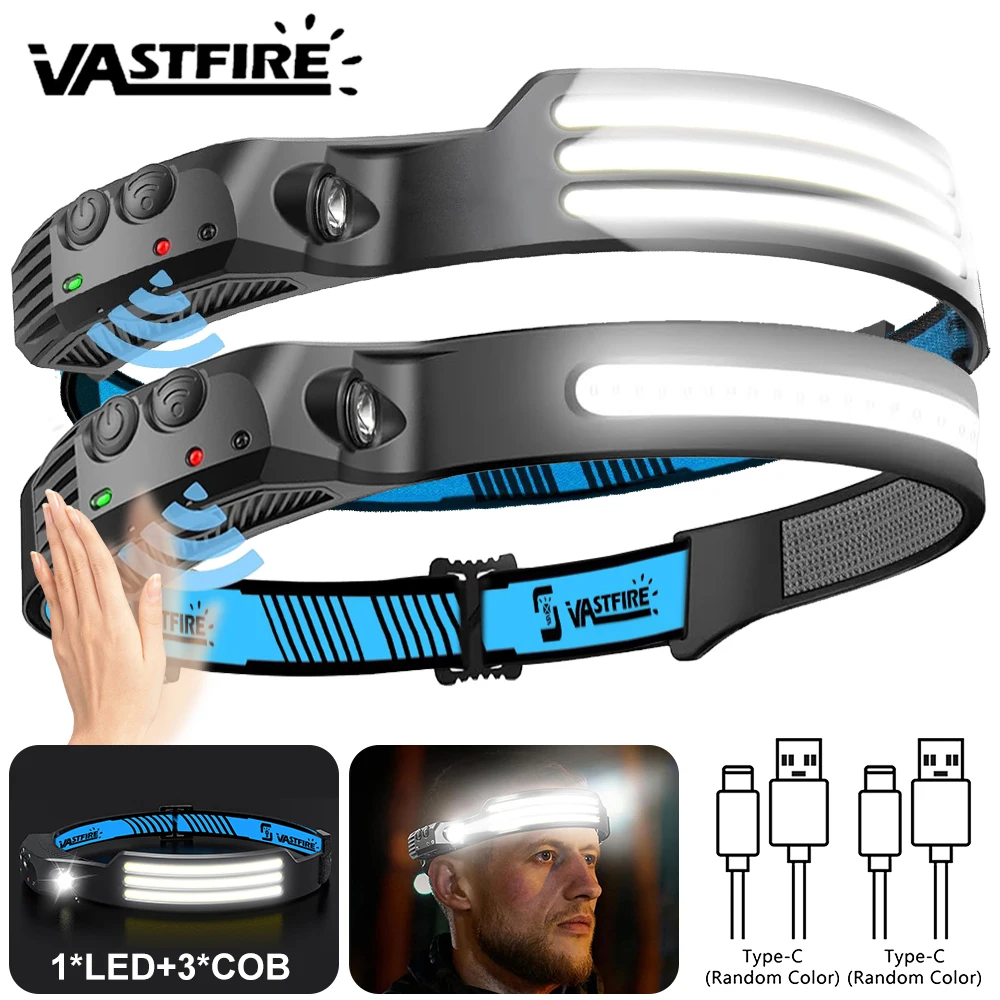 Induction Headlamp COB+LED Head Flashlight Built in Battery USB Rechargeable Outdoor Waterproof Camping Fishing Work Lantern 